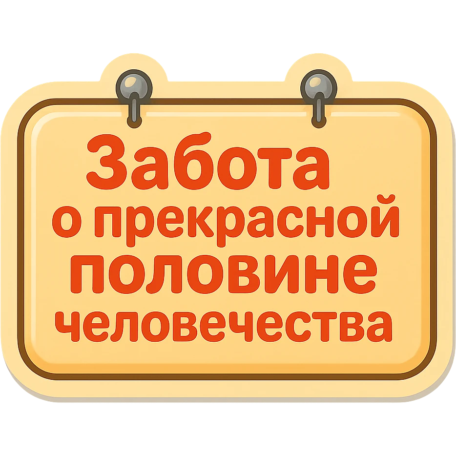 flat rectangular sign with rounded corners, beige color, light shadow, two nails at the top, retro sticker style, text 'Забота о прекрасной половине человечества' neatly and compactly placed inside the shape, transparent background emoji