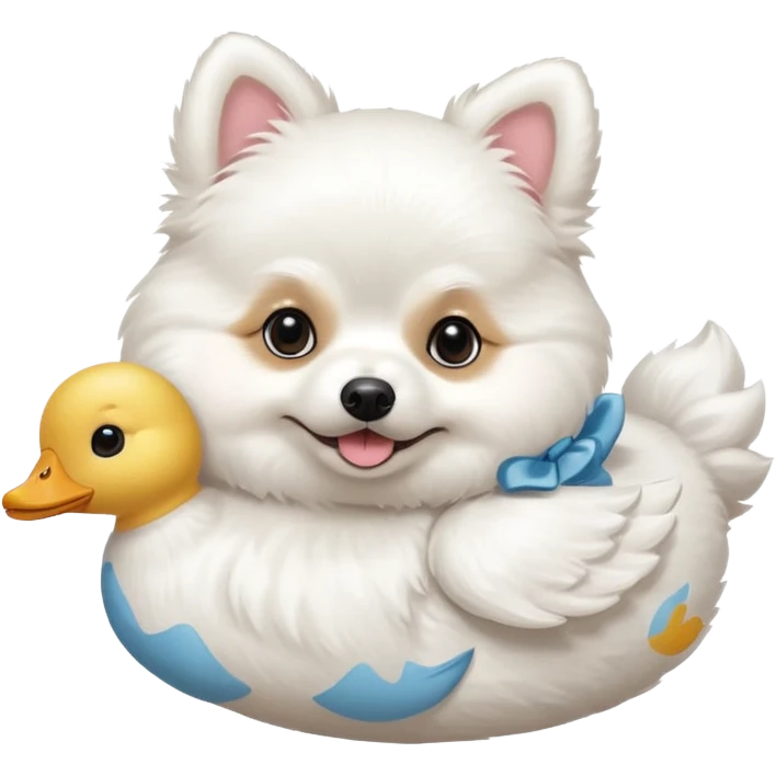White Pomeranian carrying a stuffed white toy duck emoji