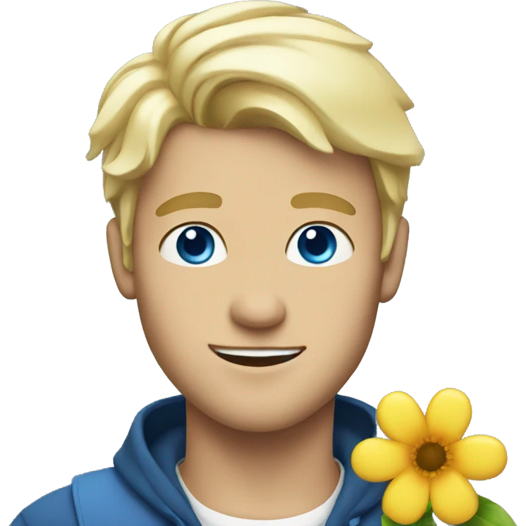 Blonde guy with blue eyes holding flower emoji