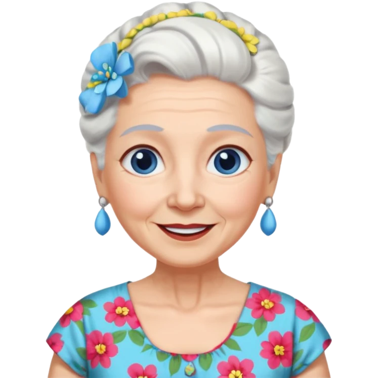 abuela con ojos azules, pelo blanco, pelo blanco y amarrado, aspecto feliz emoji