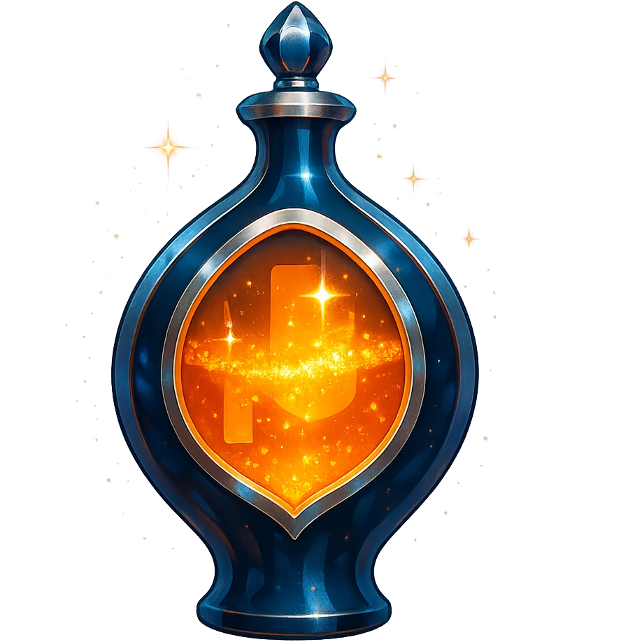 Patreon-inspired luxurious elixir bottle, orange and dark blue colors, iridescent and silver details, intense magical glowing and sparkling effects, very small neck, seamless bottom, transparent background, floating, no base or shadow, modern, matching a collection emoji