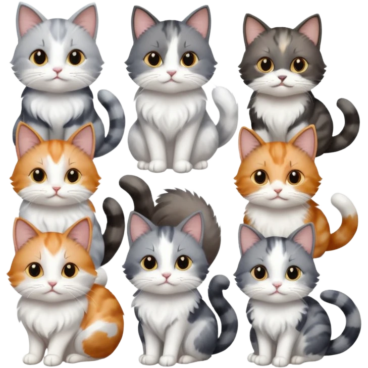 6 realistic looking cats with different natural coloured coats, assorted grey and white, greys, calico, brown and white colours etc
 emoji
