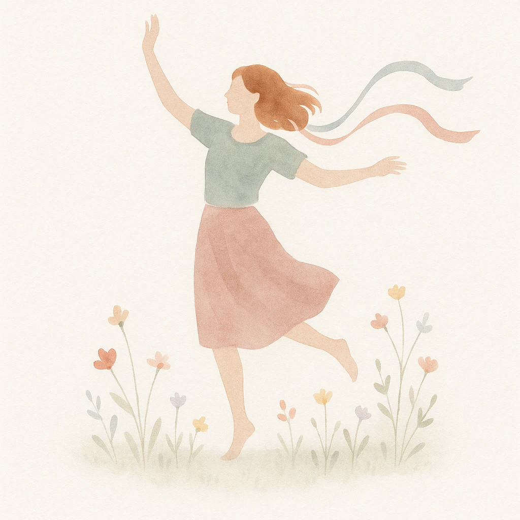 barefoot person dancing joyfully in a field of wildflowers with ribbons trailing capturing the essence of a free spirit watercolor style emoji