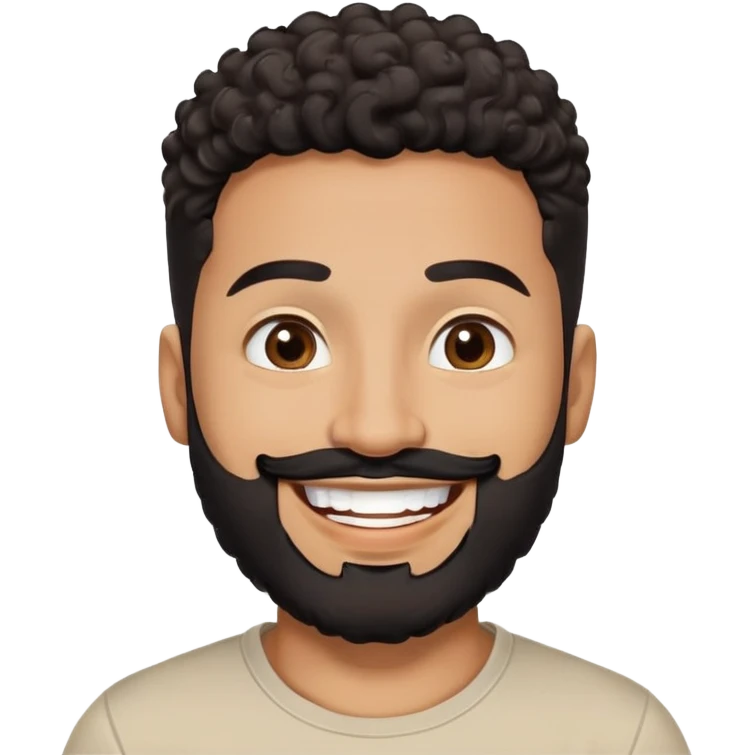 Latino man in his late 30s with warm brown skin. Round face. Big bright smile showing joy. Lively dark brown eyes. Thick defined eyebrows. Short tight curly black hair with fade on sides. Full black beard, neatly trimmed. Wearing a light beige round-neck t-shirt. emoji