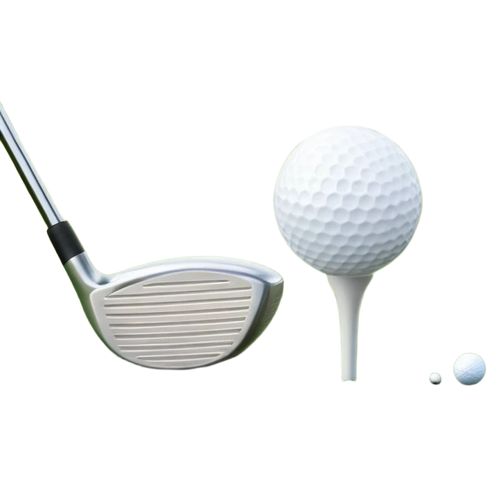 A golf ball on a tee with a golf club placed beside it, set against the backdrop of a well-manicured green golf course. The scene emphasizes the equipment and serene atmosphere of the sport, with soft lighting and a peaceful, open landscape emoji