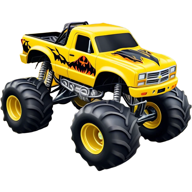 Maximum Destruction - Monster Jam (Model Year: 2021) (Iconic colour: Yellow with black flames) - A ferocious monster truck featuring a vivid yellow base accented by dramatic black flame patterns. Emphasize sharp, high-contrast flame streaks across the body, creating a look of aggressive, explosive energy. emoji