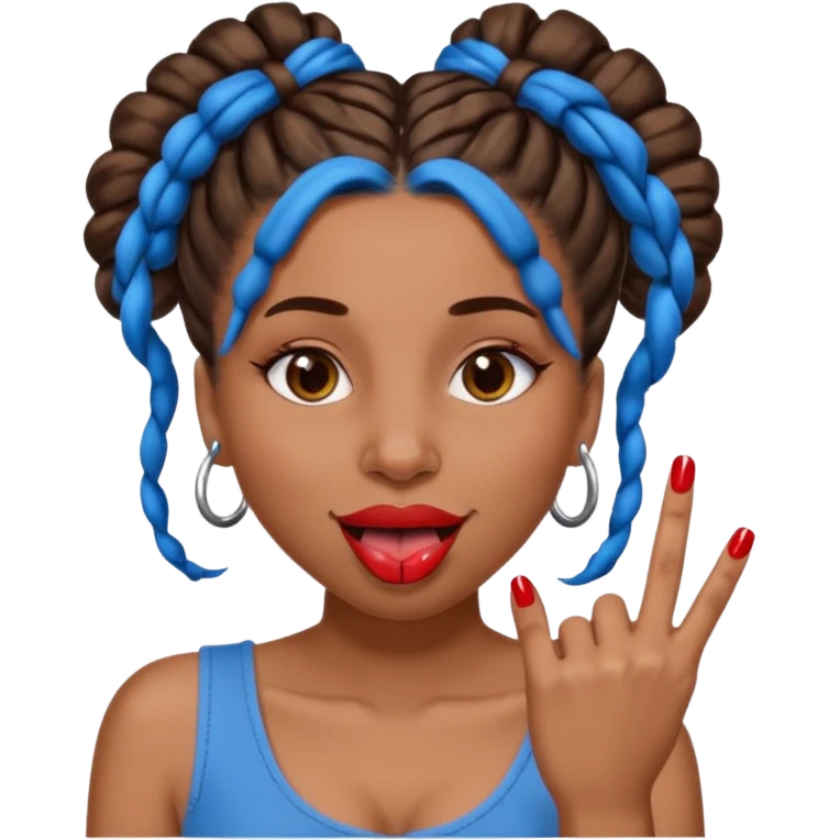 brown girl with blue locs in a bun with tongue out and red nails showing secomdnd finger emoji
