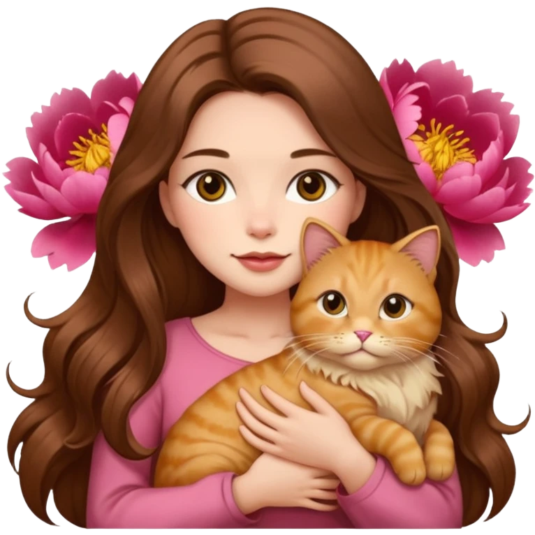 pretty woman a long hair brown color holding a fat cat fluffy golden in a peony emoji