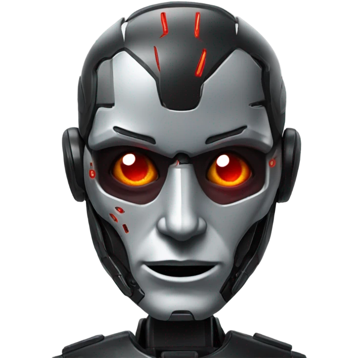 Cyborg with red eye mounted display, wearing black suit emoji