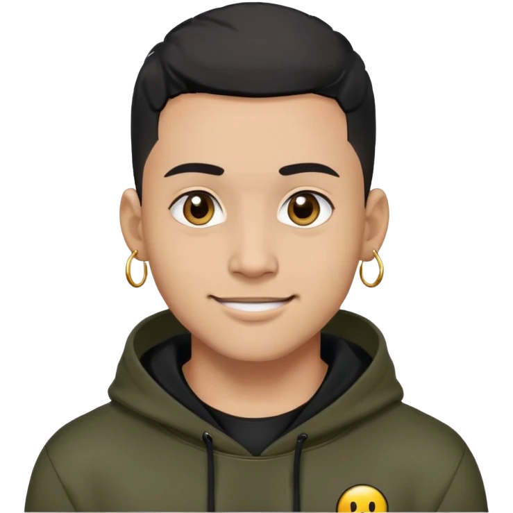 man with black military haircut, brown eyes, wearing 2 circle earrings and a black hoodie with a smiley face emoji