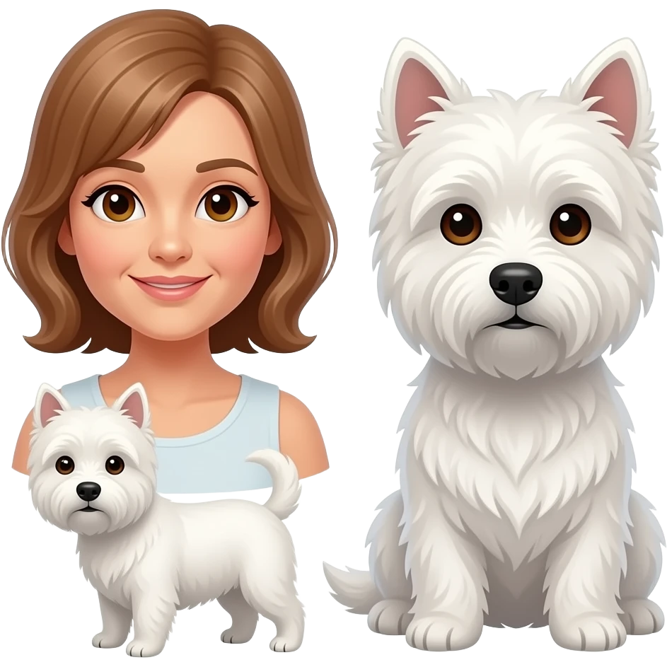 Middle age woman brown eyes , shoulder length light brown hair, with a female westie and a male westie emoji