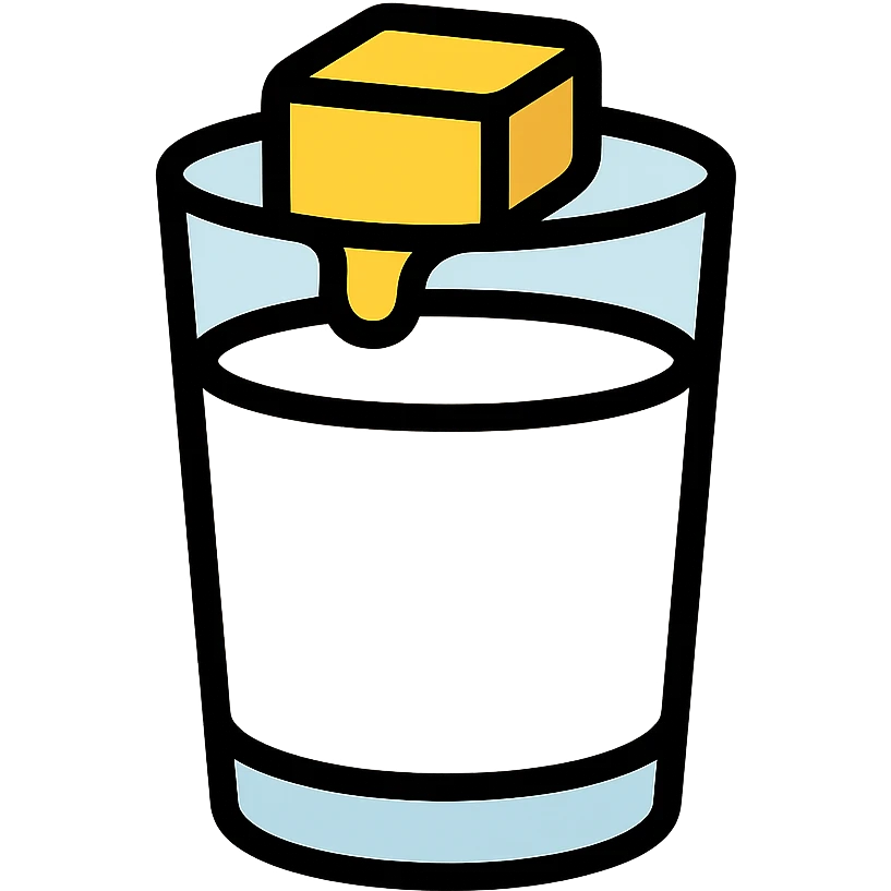 a glass of milk with a pat of butter melting on top, creamy and appetizing, icon style emoji