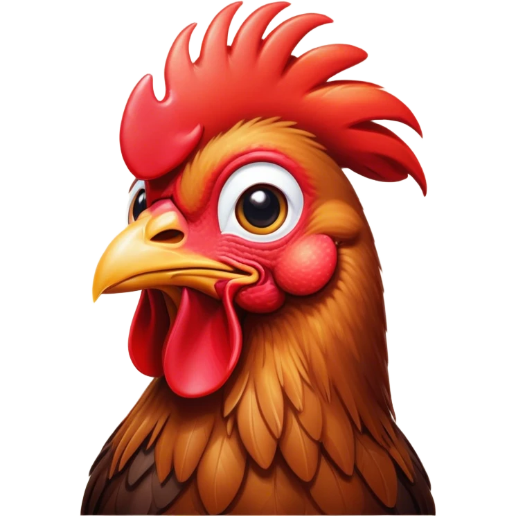 Cinematic Cute Brown Rooster Portrait Emoji, Head tilted playfully and inquisitively, featuring a glossy, immaculate brown plumage with a vibrant red comb, round, sparkling warm eyes filled with curiosity, Simplified yet irresistibly adorable features, highly detailed, glowing with a warm, friendly glow, high shine, affectionate and spirited, stylized with a touch of farmyard whimsy, bright and endearing, soft glowing outline, capturing the essence of a mischievous yet loving rooster, so playful it feels like it could strut out of the screen and into your arms! emoji