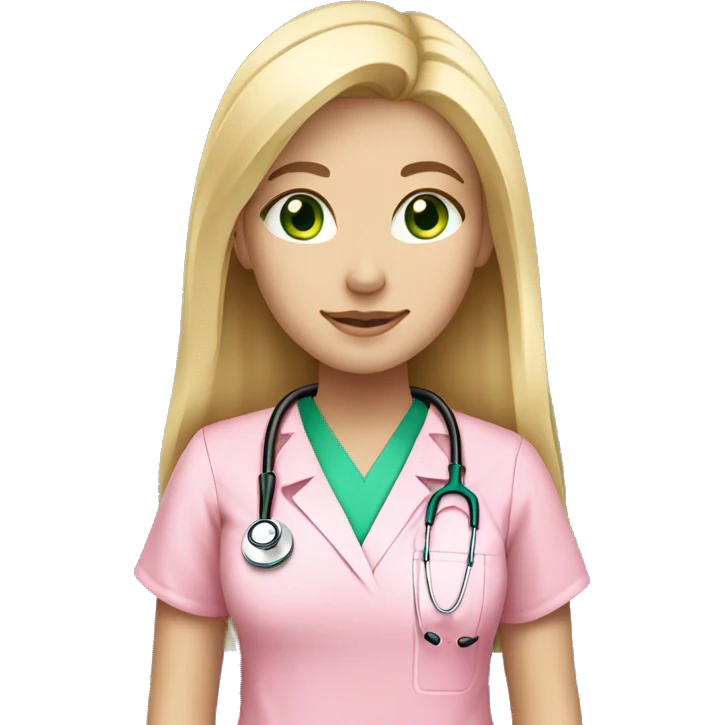 pale blonde girl with long hair and green eyes wearing pink scrubs and stethoscope  emoji