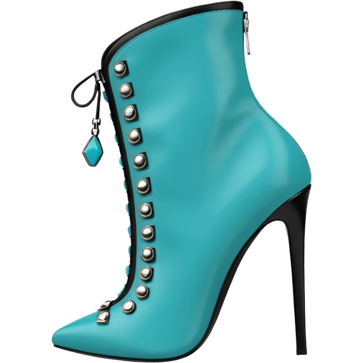 Hyper Realistic isolated side view,  Michael Kors turquoise and black stiletto ankle bootie boots, detailed side zipper and embellishments  emoji