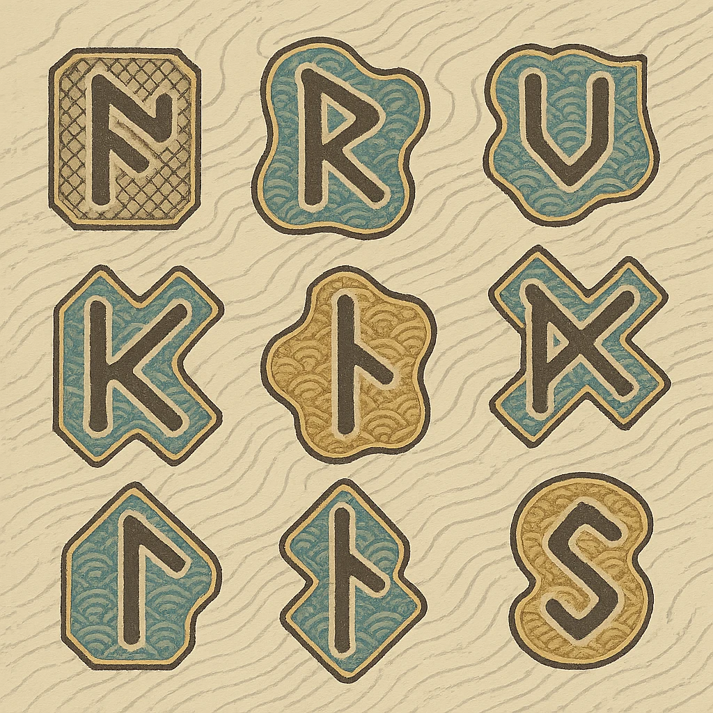 ukiyo-e style rune symbols with traditional Japanese print look emoji