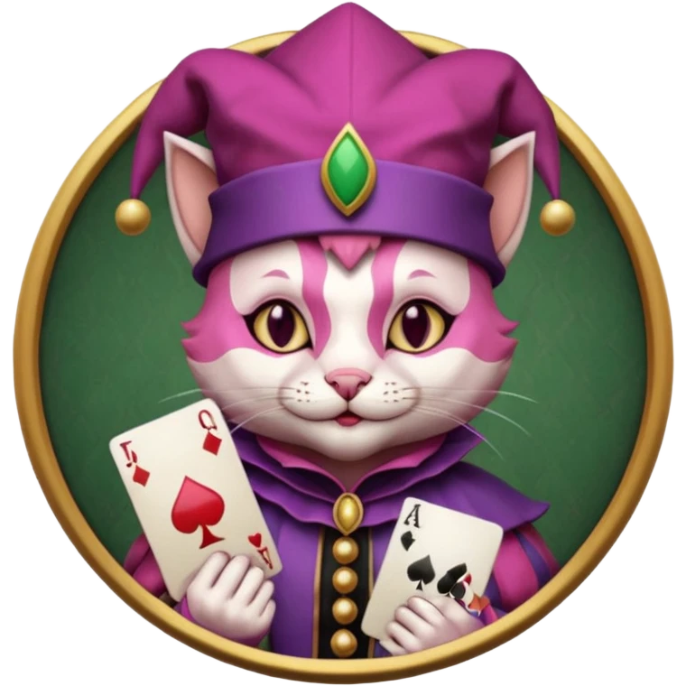 court jester cat medieval, single poker card joker clearly visible, pink, face only, round badge,  court jester cap emoji