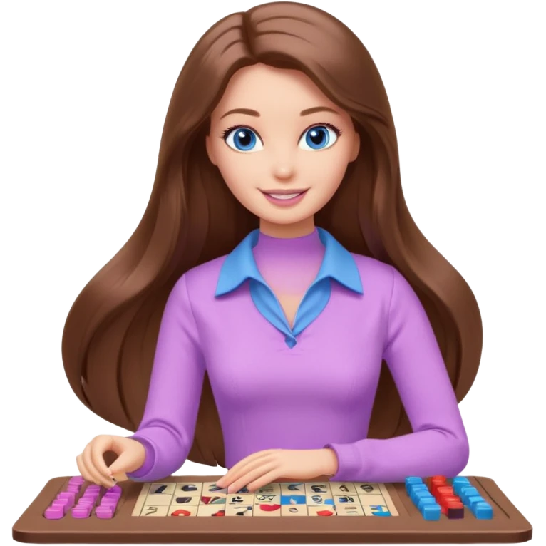 beautiful barbie girl with long brown hair, blue eyes and wearing light purple clothes playing board games emoji