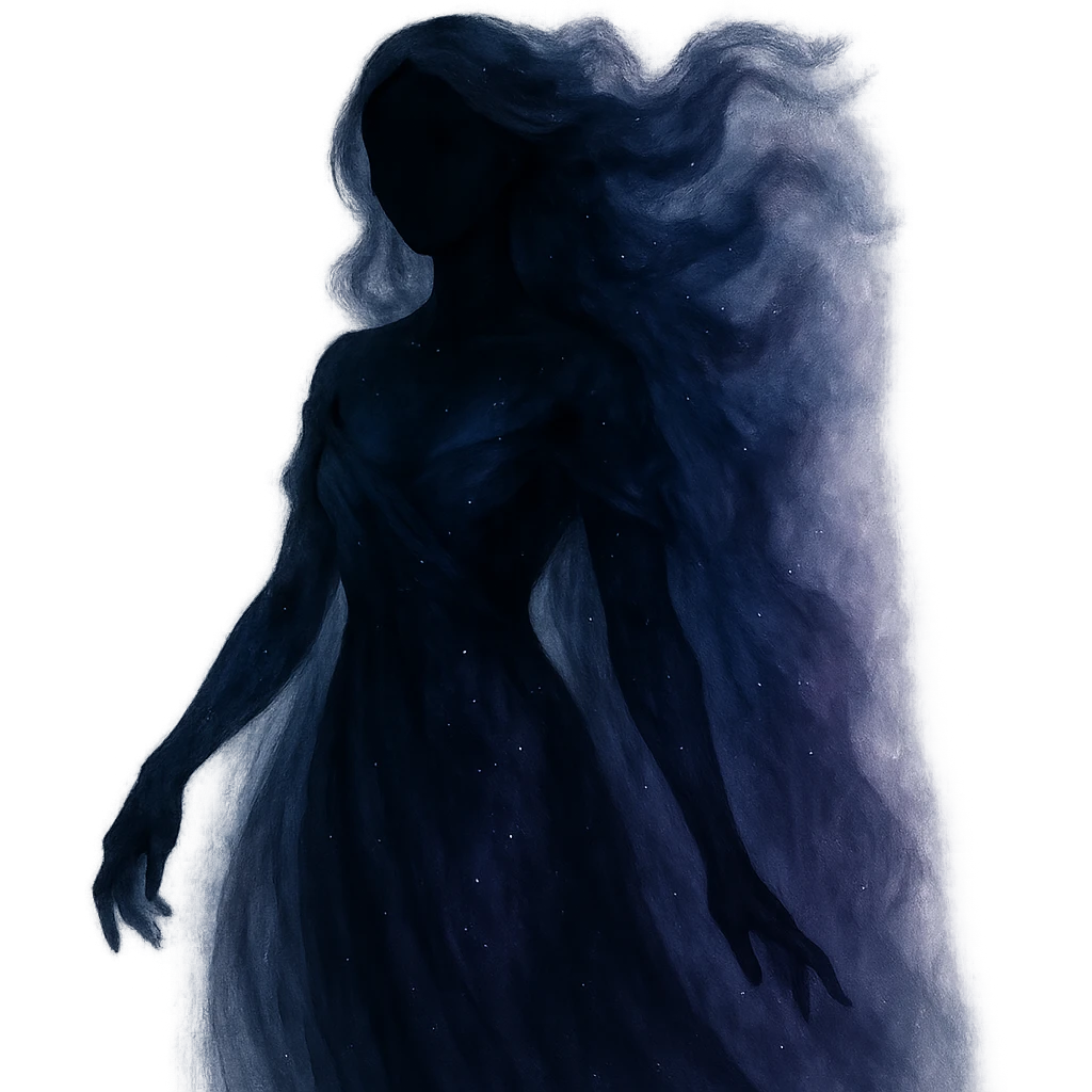 mystical being with no facial features, divine feminine characteristics, blending black, dark blue, and purple colors, mystical and ethereal emoji