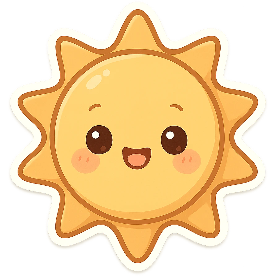 chibi sticker-style sun with a smiling face, cute and exaggerated emoji