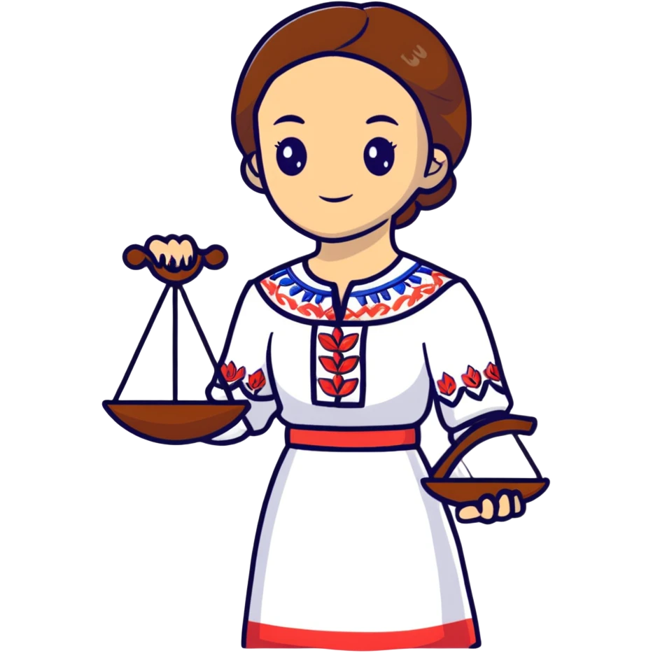 Ukrainian girl with brown hair wearing traditional embroidered shirt (vyshyvanka) holding scales of justice in her hand emoji