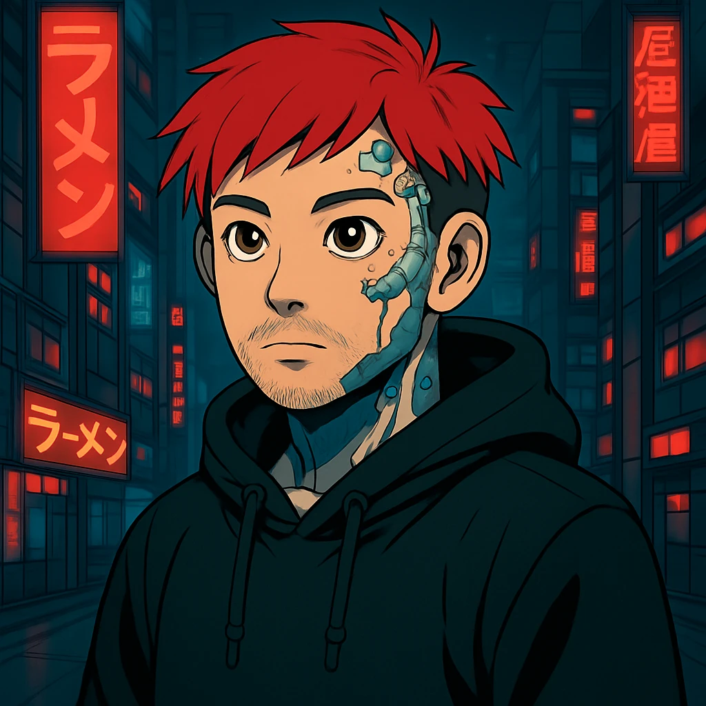 Add cybernetic implants to the Asian man, make the eyes a bit bigger, keep round face, less mustache, a bit of beard, red hair, black hoodie, Japanese cyberpunk anime style, futuristic city background emoji
