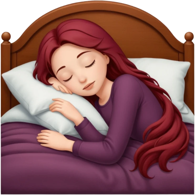 Beautiful long burgundy haired girl sleeping in big comfy bed emoji