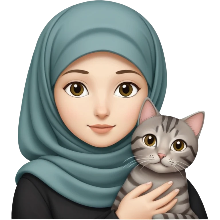 White girl with hijab holding a black and grey tabby cat emoji