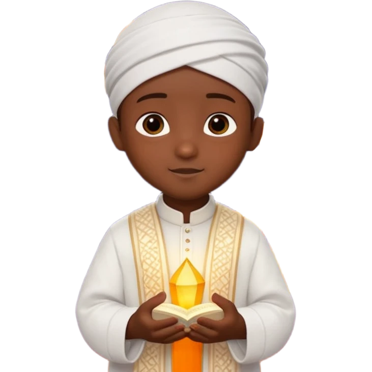 Personnage 3D mignon en style Pixar, un petit garçon portant un qamis blanc et un kufi, tenant un tapis de prière, entouré de lanternes brillantes, fond doux, couleurs chaudes, garçon teint noir emoji
