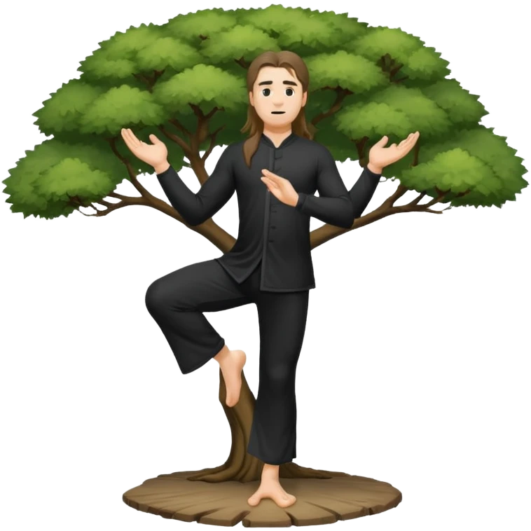 pratiquant de qi gong, homme aux cheveux long, en position de l'arbre, en tenue noire ou blanche. L'image ne contiendra pas d'arbre emoji