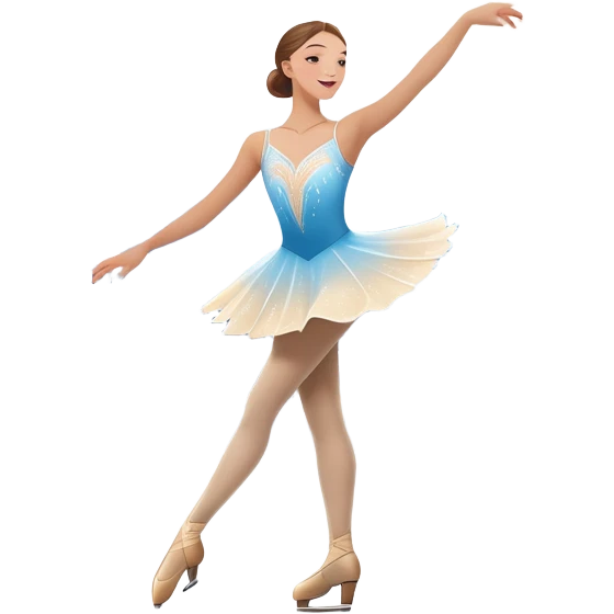 An icon showing a graceful figure skater performing a spin on the ice in a grand ice palace. The rink is illuminated by soft light beams, with cheering spectators in the stands. Snowflakes gently fall, adding to the magical atmosphere. Transparent background highlights elegance and artistry. emoji