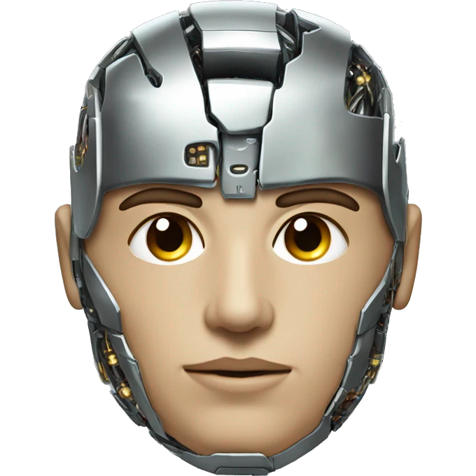Male cyborg head with metallic plated face, short brown hair and circuitry emoji
