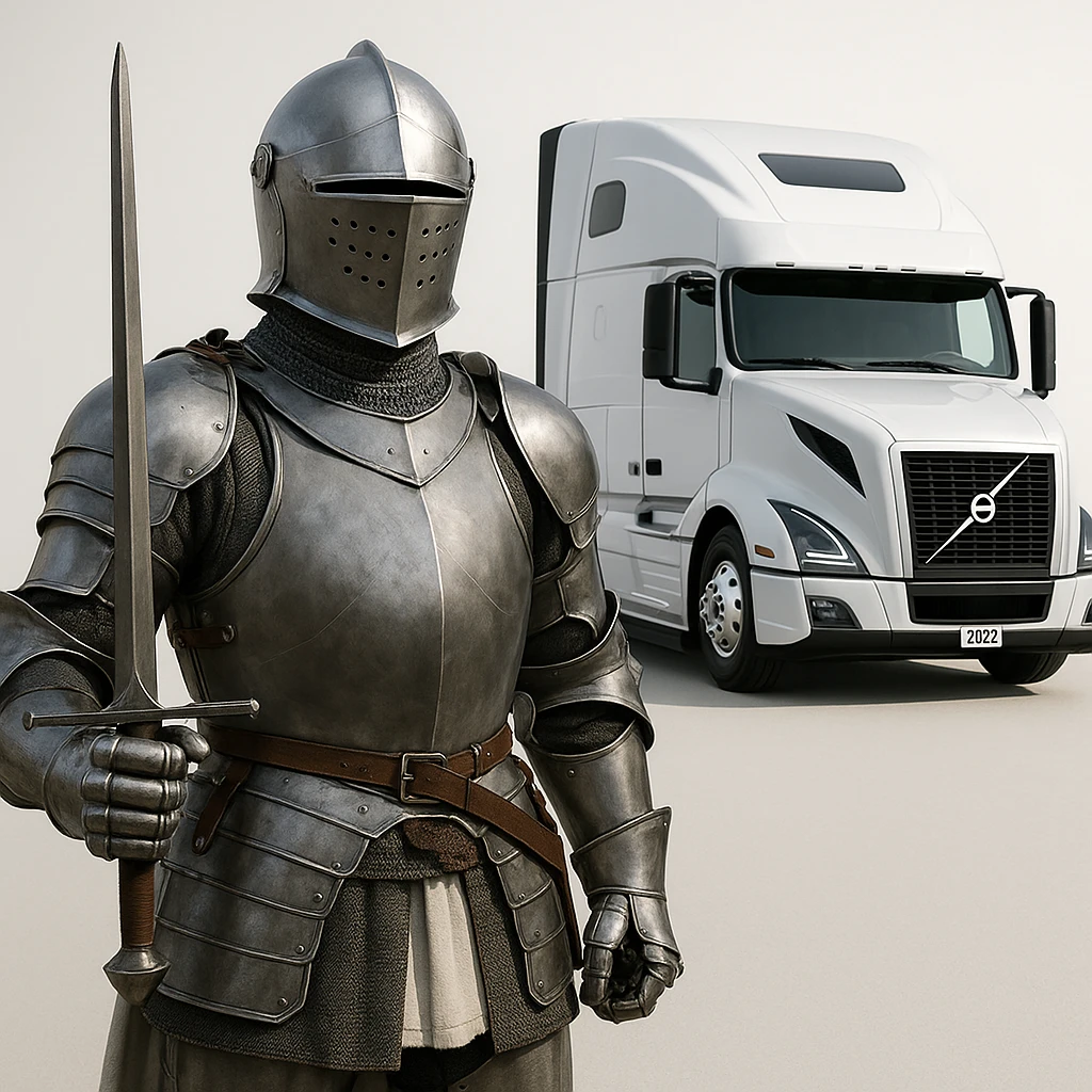a knight in armor, with a white 2022 Volvo semi sleeper truck in the background, modern, heroic, clean background emoji