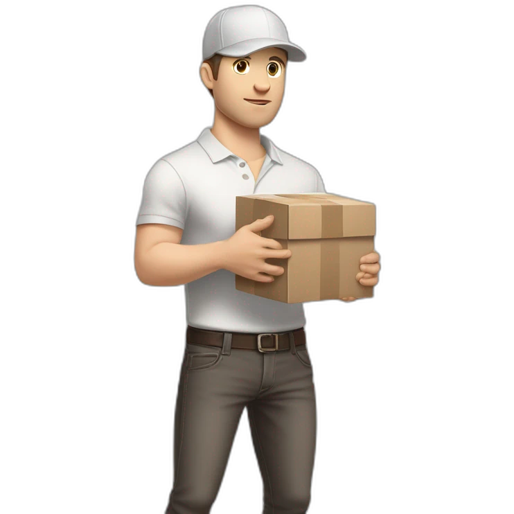 Pale skinned fit Man with dark brown hair in a light gray cap, dark brown jeans, brown polo and white T-shirt keeping a pasted with tape white box into his hands emoji