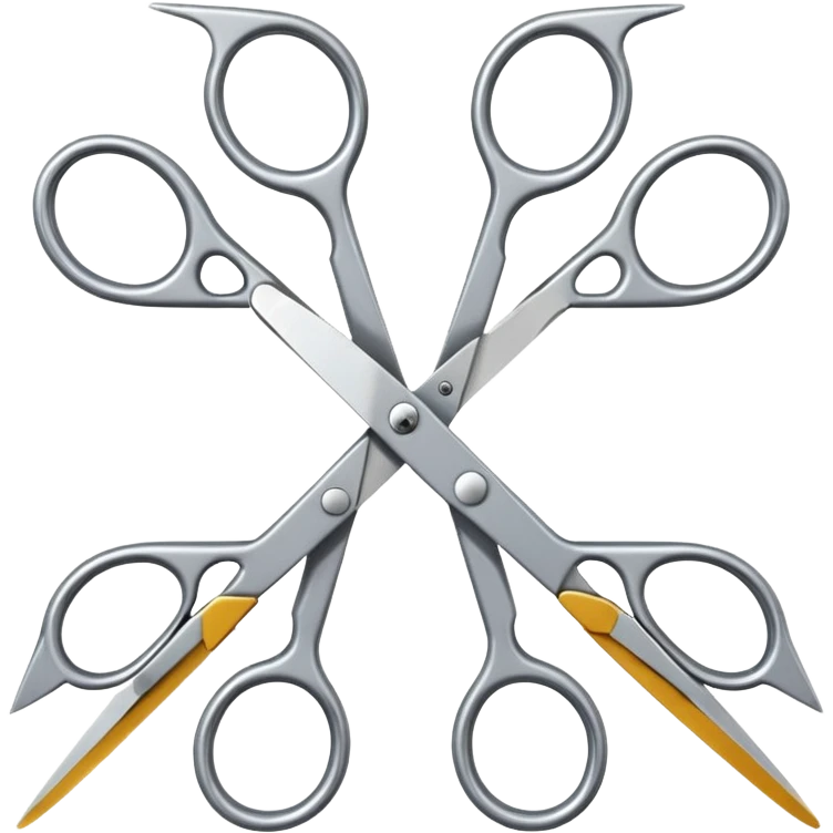 Two pairs of metal scissors arranged so that their open blades are interlocked in an X shape, lying on a white background. emoji