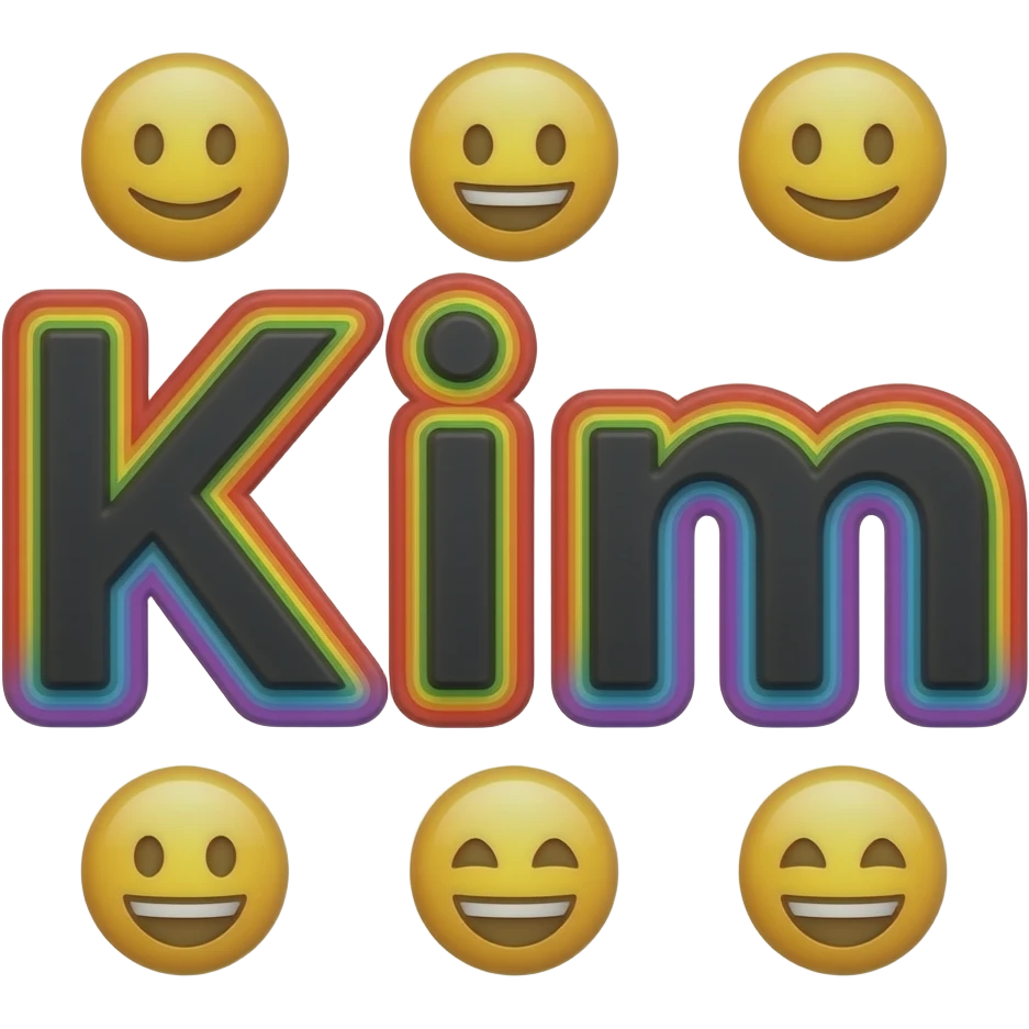 Exact name "Kim" in black typography lettering, each color of the rainbow as a border outlined around each letter, isolated, 3d rendering, no emoji icons no emoji faces and must have no human figures emoji