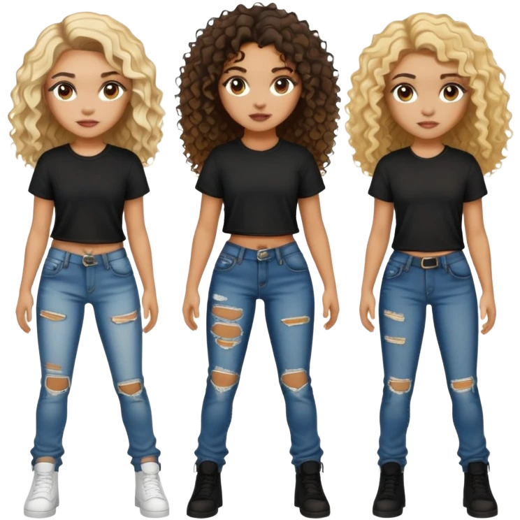Mixed girl with ripped jeans , a black shirt , curly hair it all dark brown , has 2 blonde spots one on the back and one on the front  emoji
