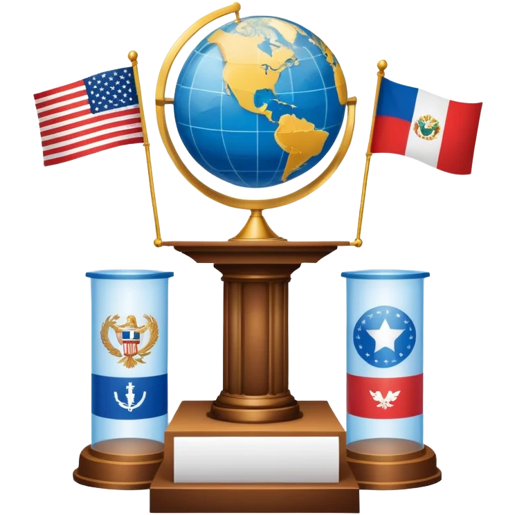 An icon featuring a podium with a speaker, national flags, and voting ballots, symbolizing political science. The design includes a globe and scales of justice in the background, representing governance, global affairs, and political theory. Transparent background emphasizes civic engagement emoji