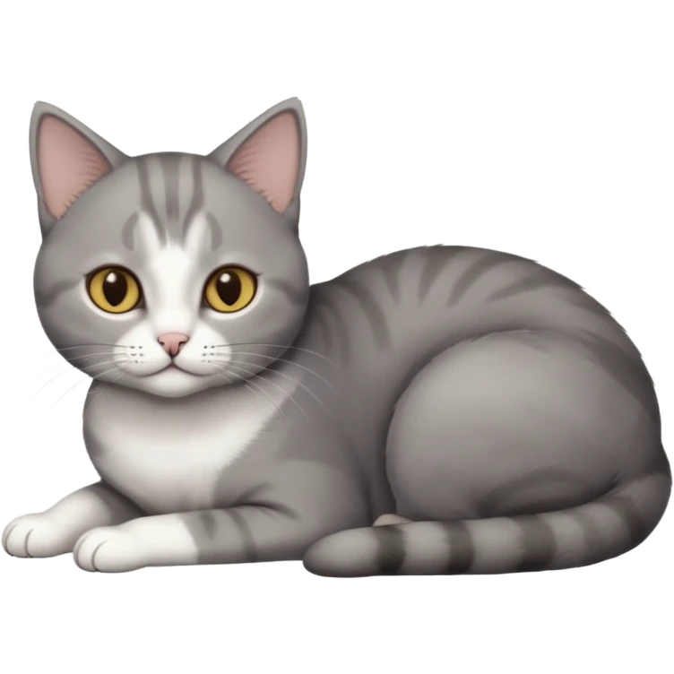 full body tiny short hair dark grey and 3/4 white cat with hazel eyes lying down emoji