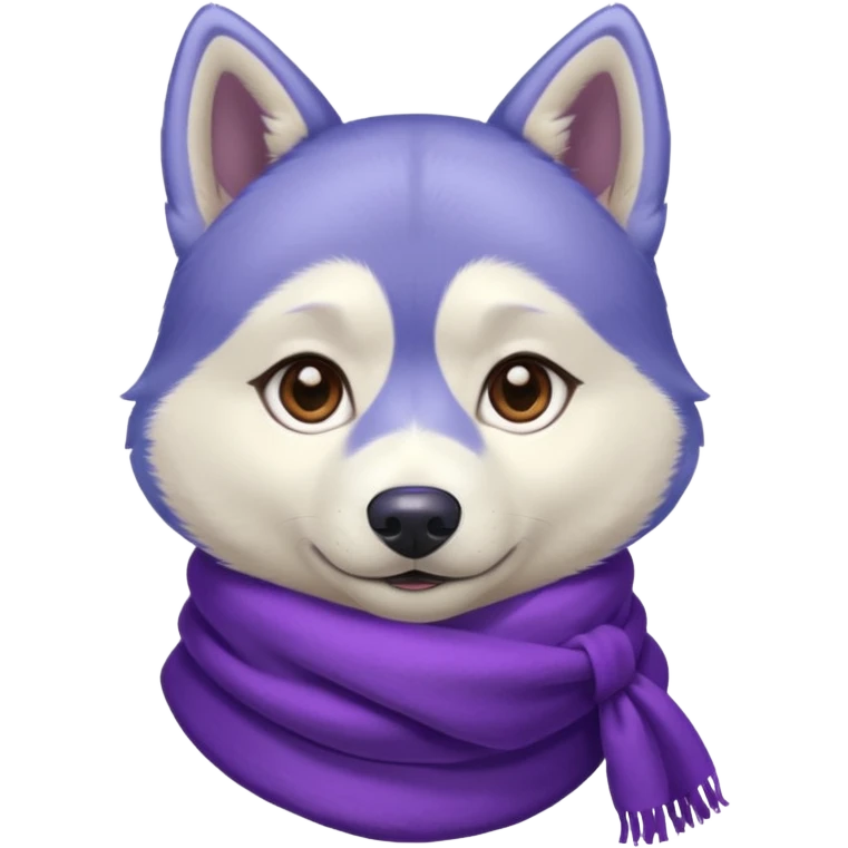 a husky with a purple scarf , a blue shirt, emoji