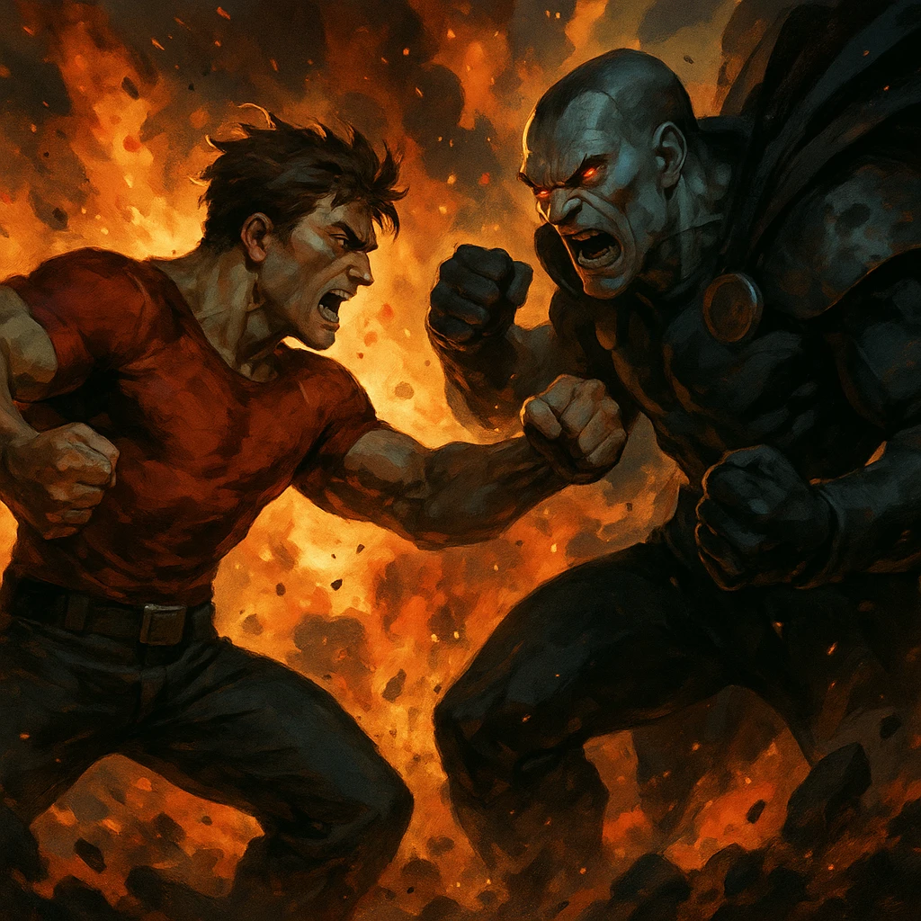 angry fight final battle, one hero facing a villain, explosive action, dynamic pose emoji