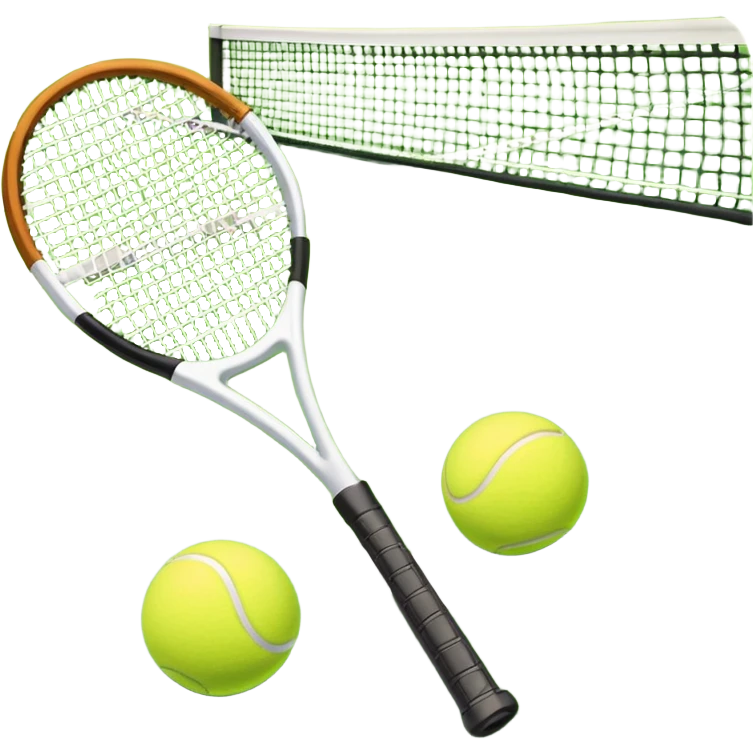 A tennis racket and ball positioned on a grass court, with the net and lines clearly visible in the background. The scene emphasizes the classic elements of the sport, capturing the energy and precision of a tennis match. emoji