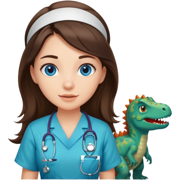 pretty brunette nurse with long hair and blue eyes in dinosaur pattern scrubs emoji