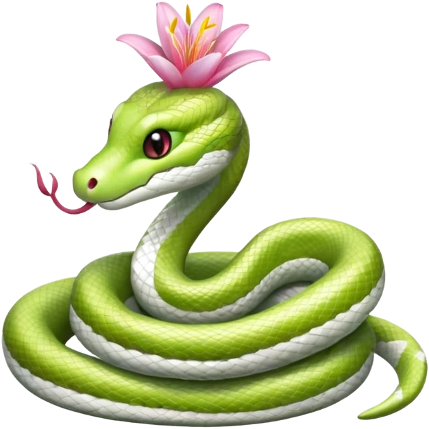A cute, friendly, fluffy, light green and white snake
with a pink lily flower on its head
(no sting) emoji