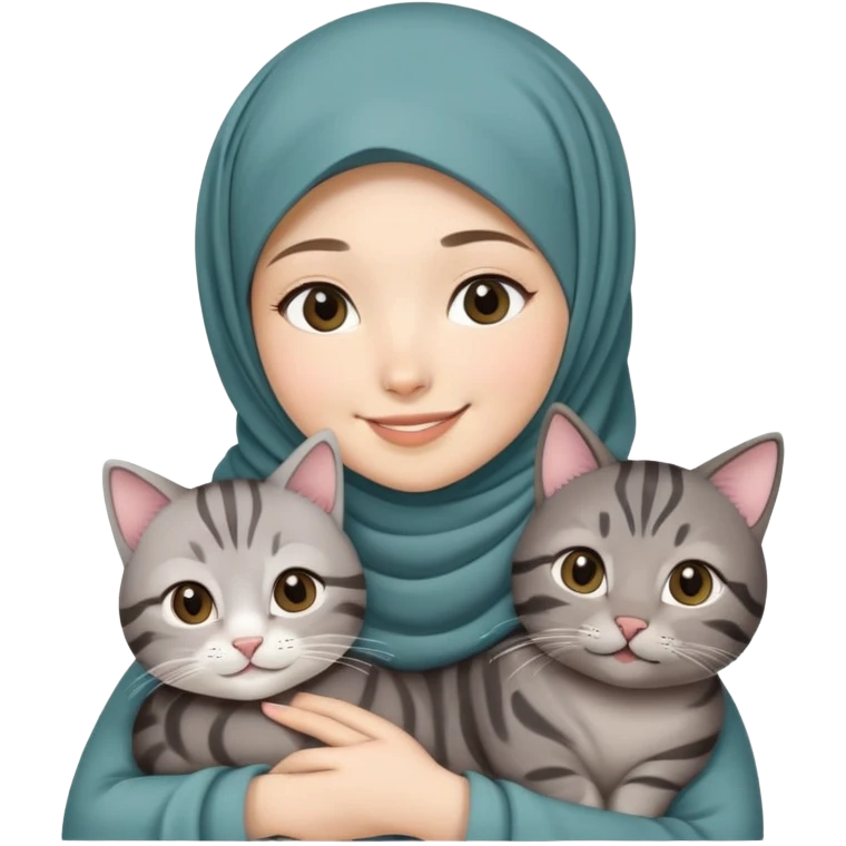 Asian White girl wearing hijab holding a black grey tabby cat while smiling.  emoji
