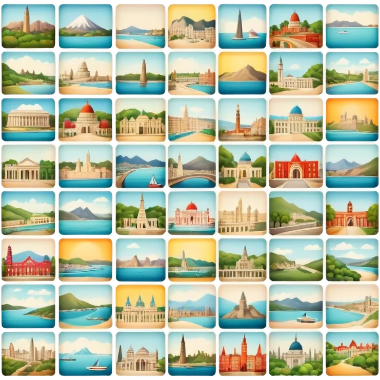 Icon for Postcard Collecting: a collection of colorful vintage postcards, featuring scenic views, landmarks, and greetings, arranged neatly in an album or on a display board. The icon should convey the charm and nostalgia of postcard collecting. Transparent background. emoji