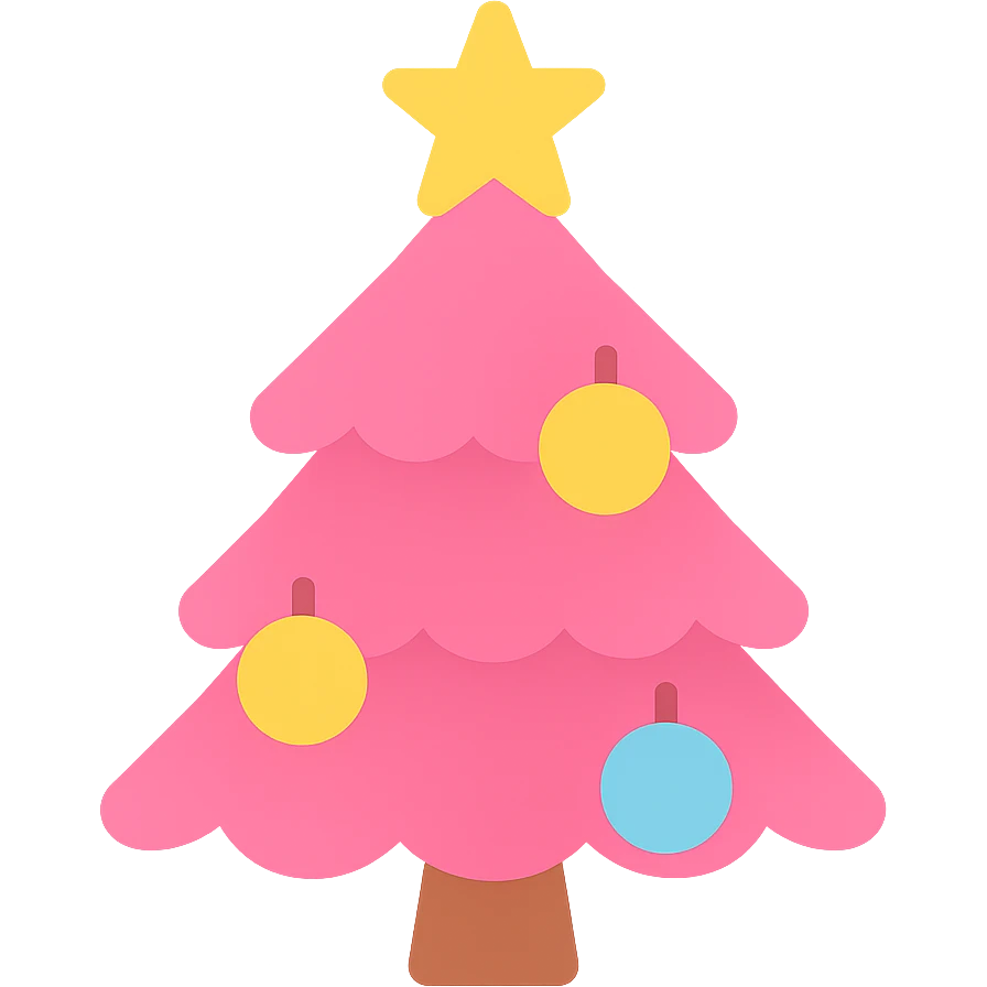 Add a yellow star on top of the pink Christmas tree with shiny decorations, icon style, no background. emoji