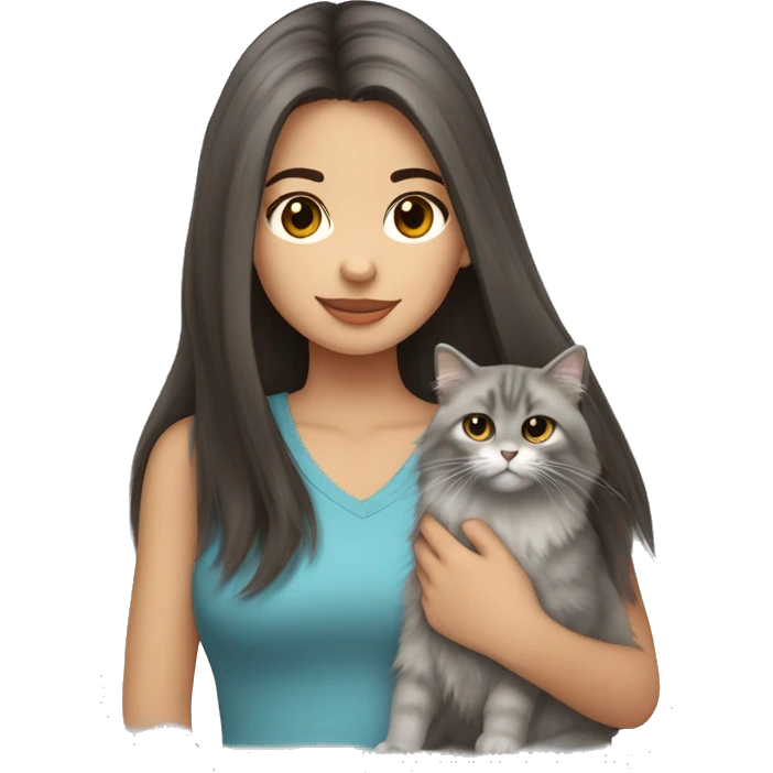 Dark brown straight hair girl with holding fluffy Siberian gray cat  emoji