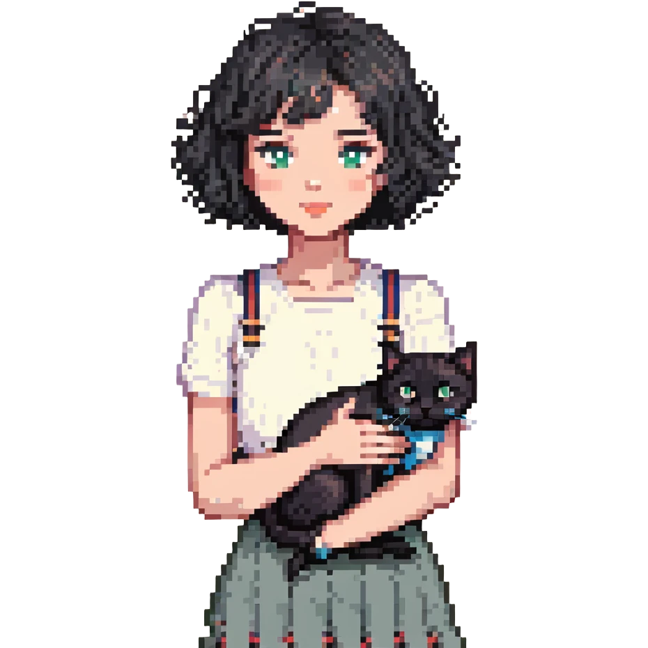 wavy black haired girl with a short haitcut holding a british cat emoji