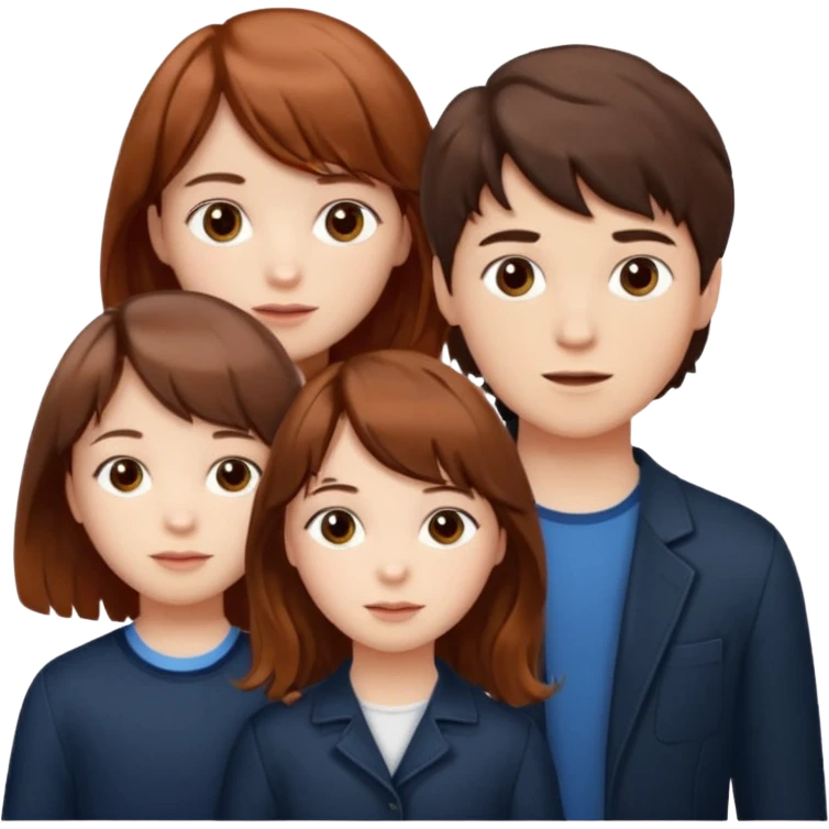 Two girls and a boy. Girl one has long, wavy, light to reddish-brown hair with bangs. Girl two has a dark-colored bob haircut. The boy has wavy, tousled, light to reddish-brown hair with a right side parting. emoji